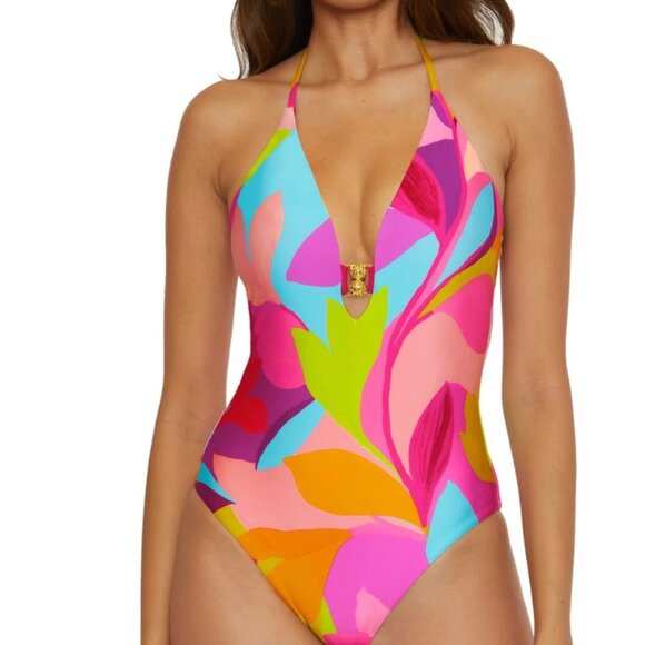 Trina Turk Lilleth  One Piece Plunge Tropical Print Swimsuit NWT $172 - Picture 1 of 5